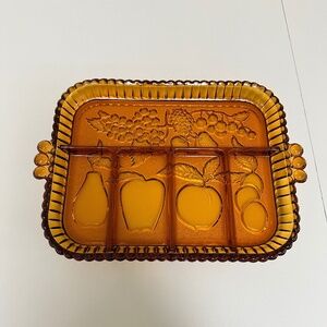 Indiana Glass Serving Tray Fruits Harvest Five Section Amber Scalloped Edge